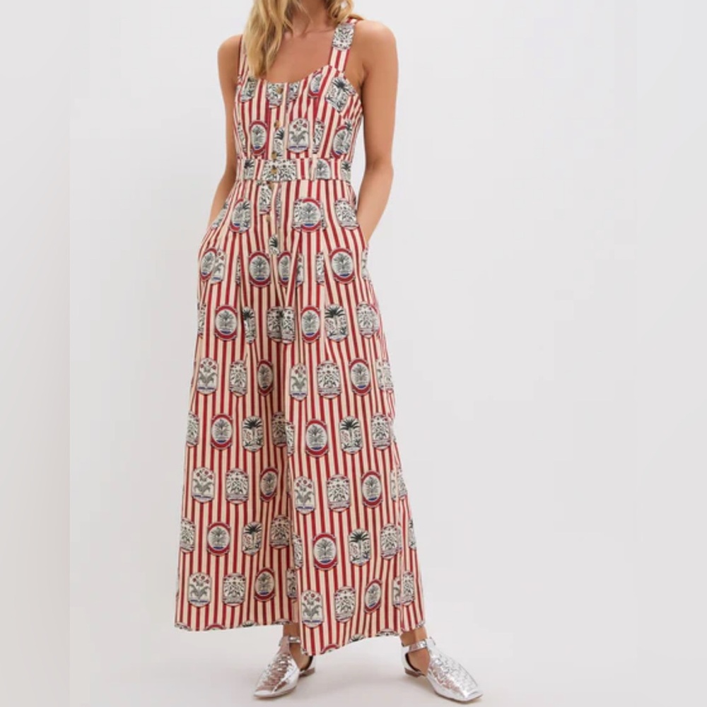 HUNTER BELL Red & Cream Striped Printed Jumpsuit